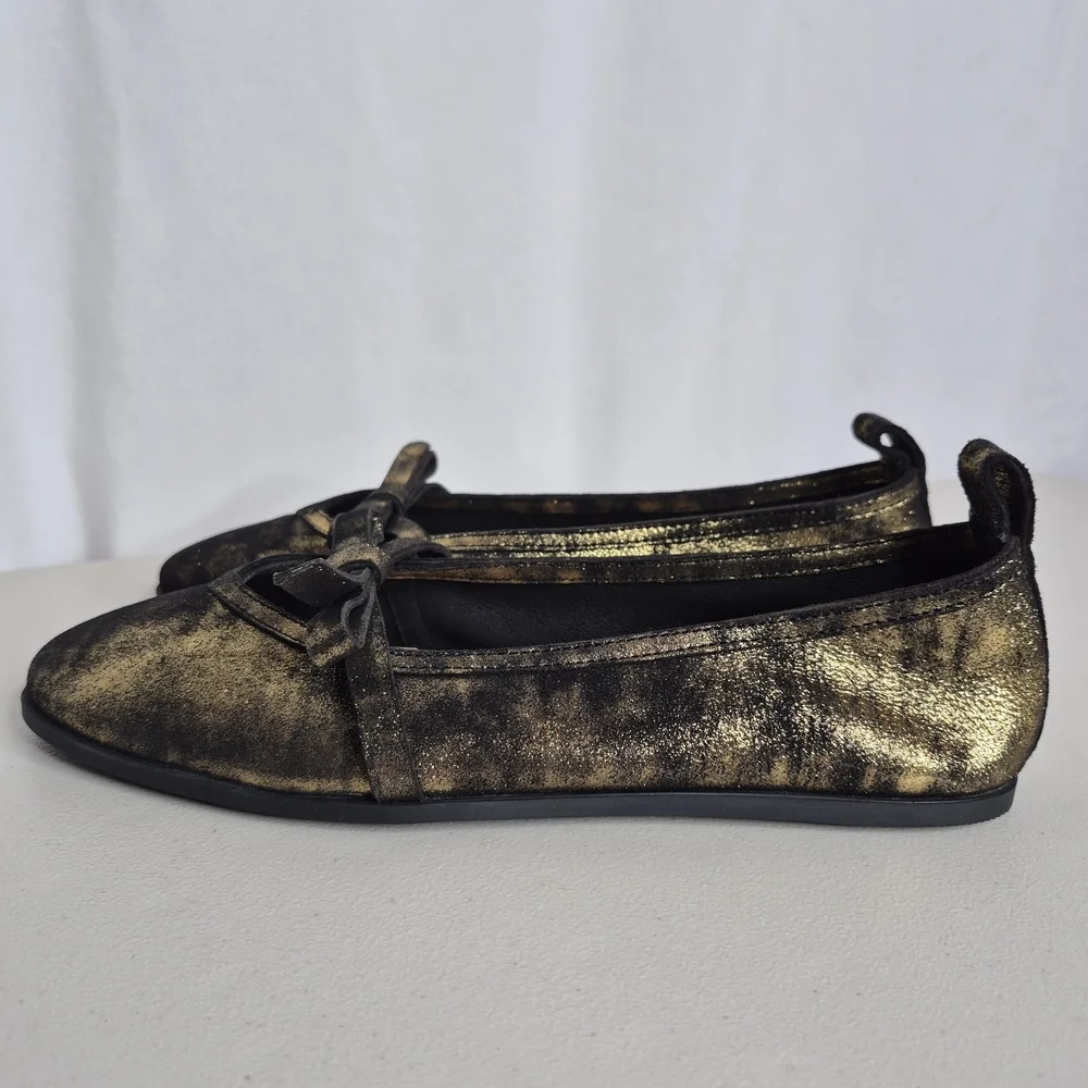 Free People Mania Bow Leather Ballet Flats in Bronze Age Metallic - Size 8